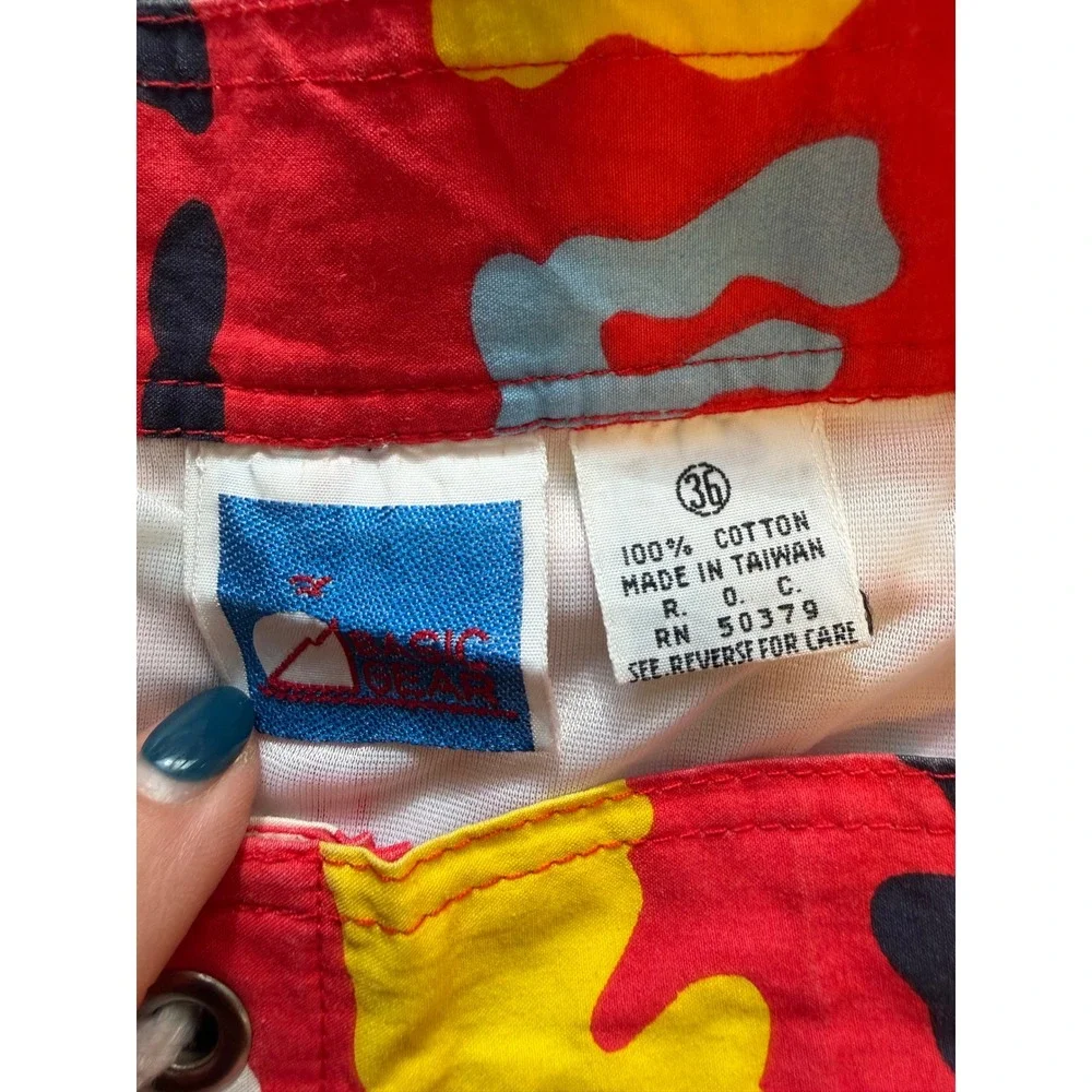 Vintage 90s Basic Gear Abstract Print Swim Trunks Red Yellow Blue Mens 36